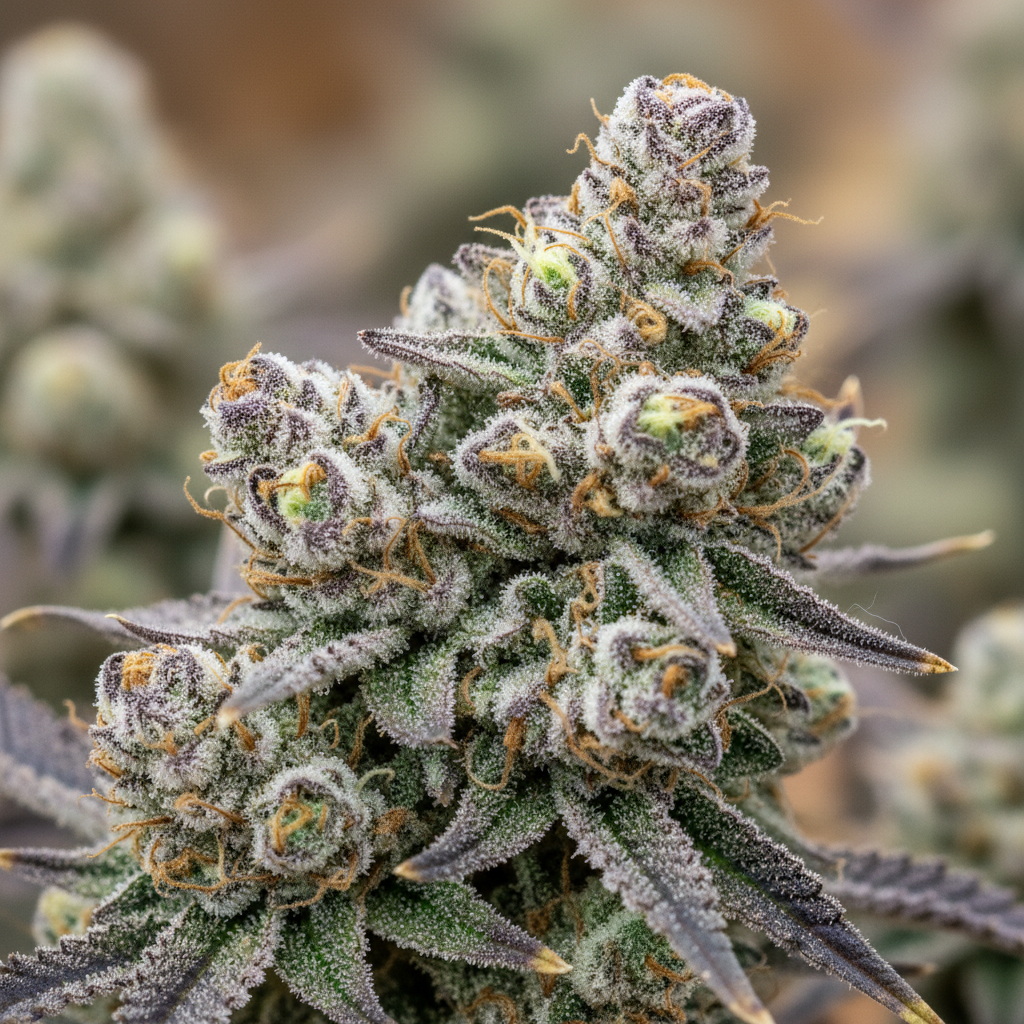 Close-up of frosty, trichome-rich Apple Fritter strain buds.