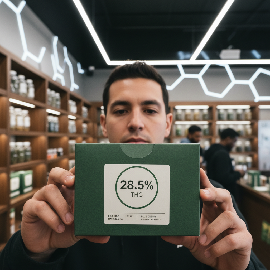A person looking at a cannabis product label highlighting THC percentage.