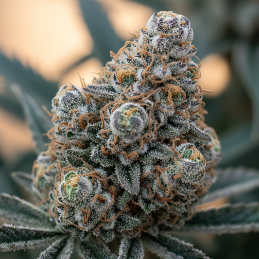 A dense, frosty bud of Godfather OG cannabis showing high trichome production.